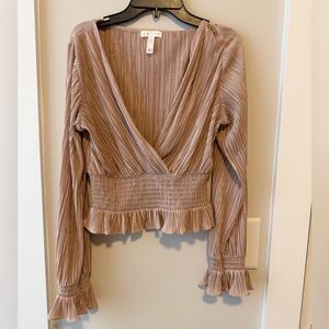 Leith Plissé Smocked Tan Taupe Blouse